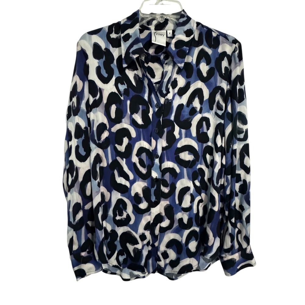 Finley Abstract Animal Print Button Down Shirt Blue Black White Women's‎ Medium